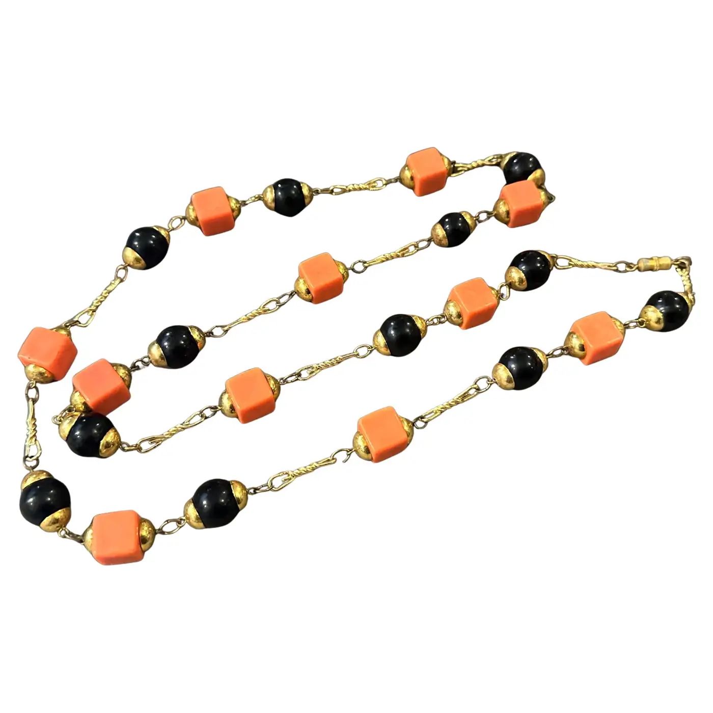 1970s Costume Jewelry Brass and Black and Orange Beads Italian Chain Necklace