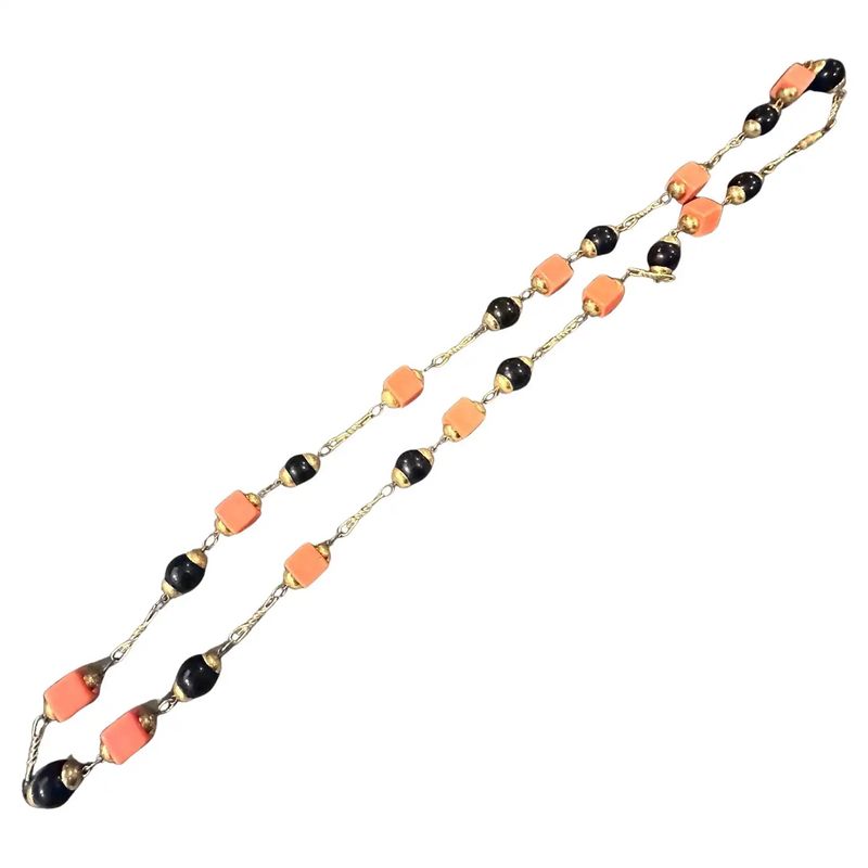 1970s Costume Jewelry Brass and Black and Orange Beads Italian Chain Necklace