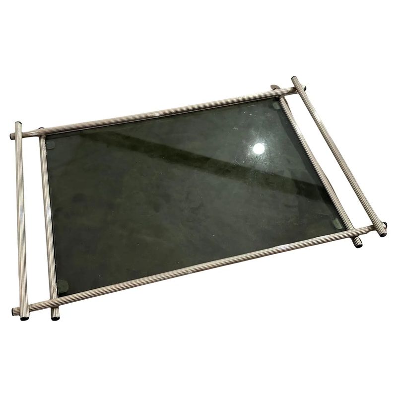 1970s Modern Silver Plated and Grey Glass Italian Serving Tray 1970s Modern Silver Plated and Grey Glass Italian Serving Tray