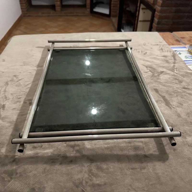1970s Modern Silver Plated and Grey Glass Italian Serving Tray