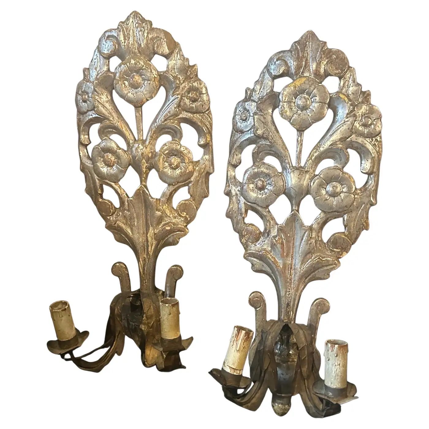 Authentic Louis XVI Silvered Linden Wood Sicilian and Iron Wall Candle Sconces