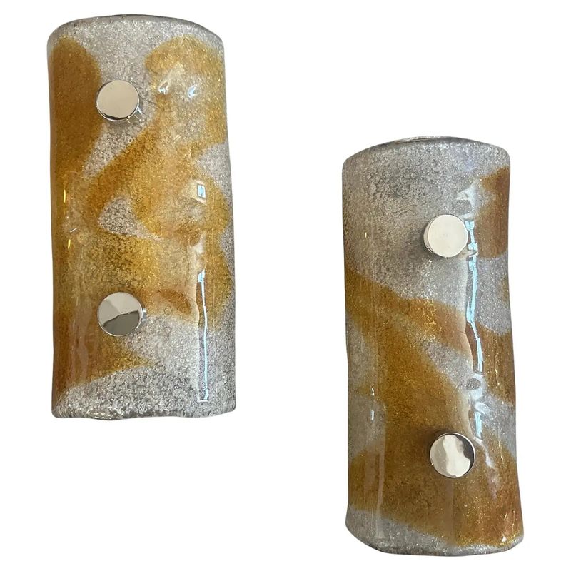 Two 1970s Space Age White and Brown Murano Glass and Steel Italian Wall Sconces