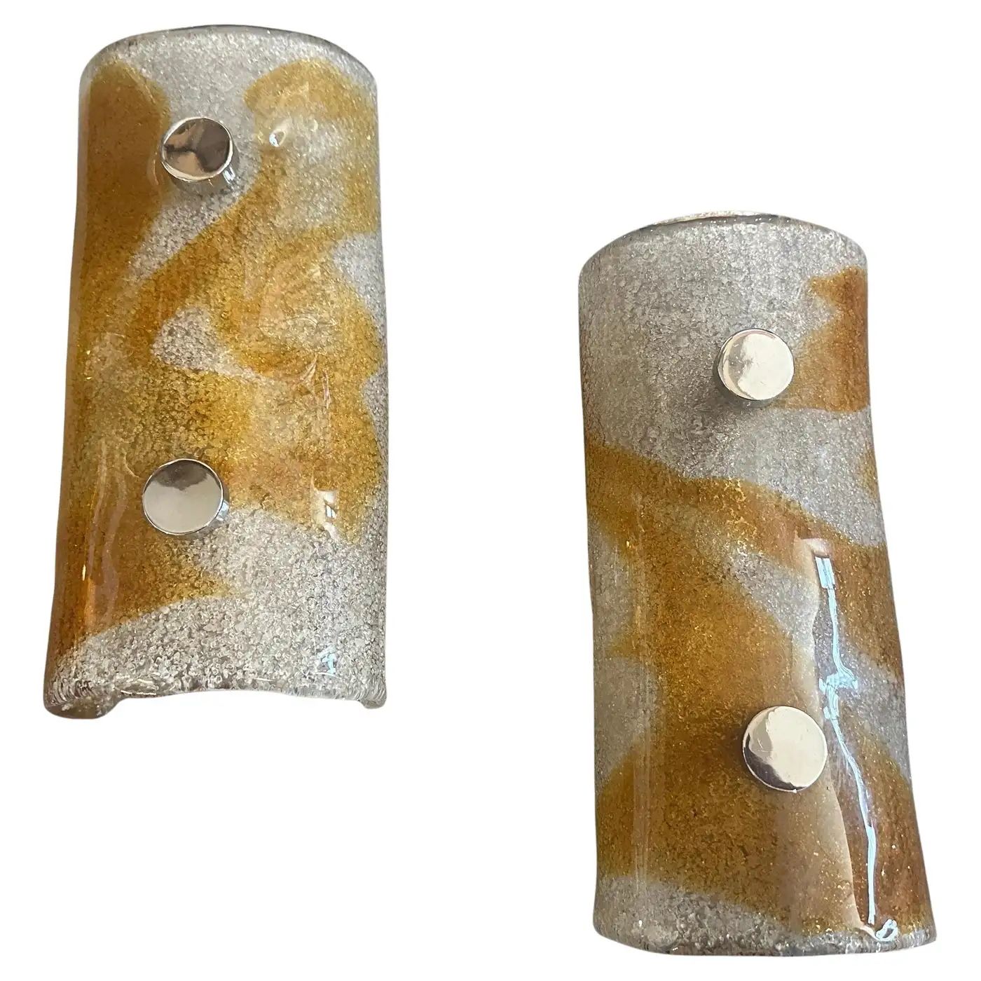 Two 1970s Space Age White and Brown Murano Glass and Steel Italian Wall Sconces