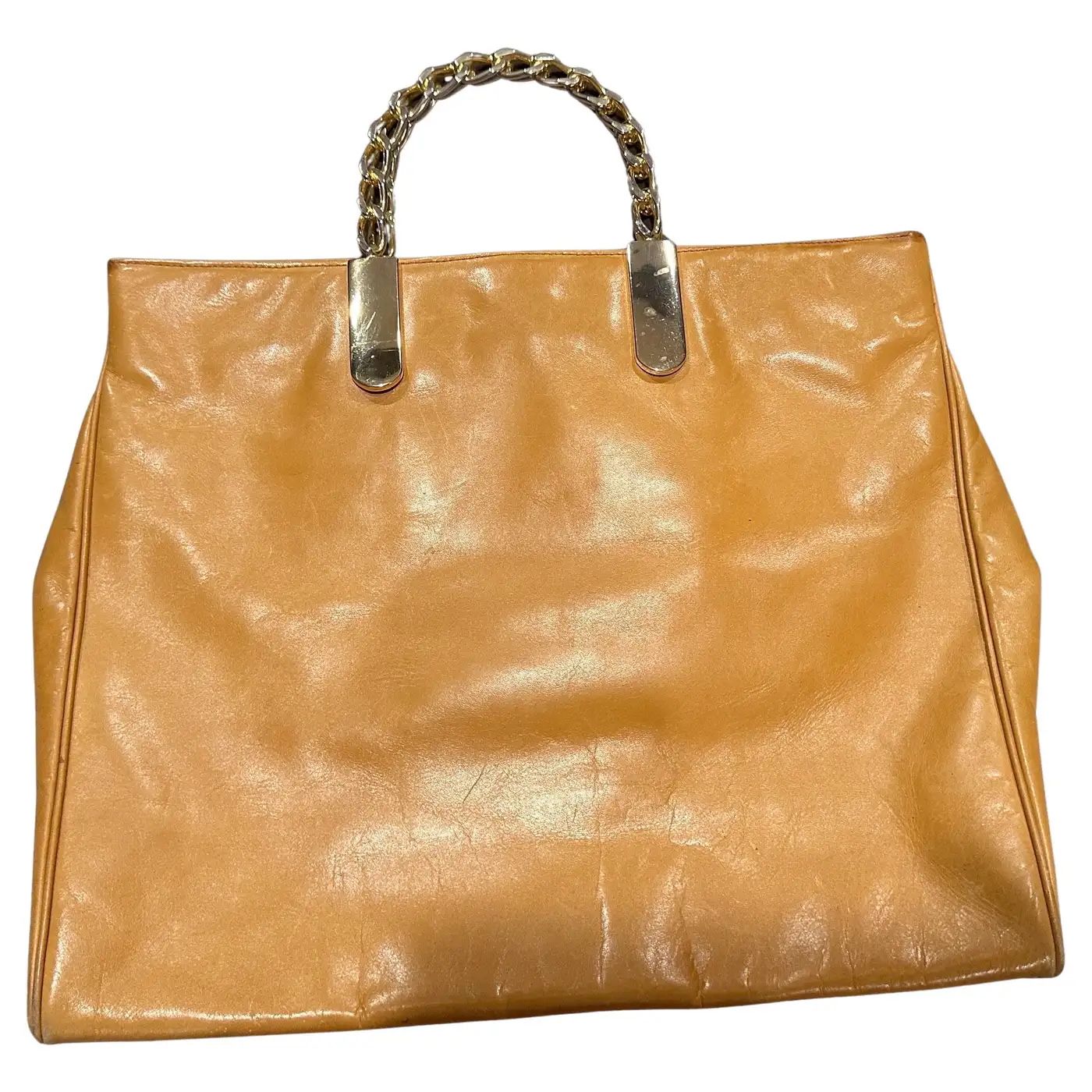 1990s Light Tan Leather and Gilded Metal Italian Tote Bag by Edoardo Giannotti