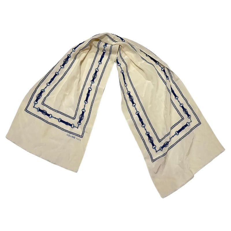 1970s Elegant White and Blue Silk Scarf by Celine Paris