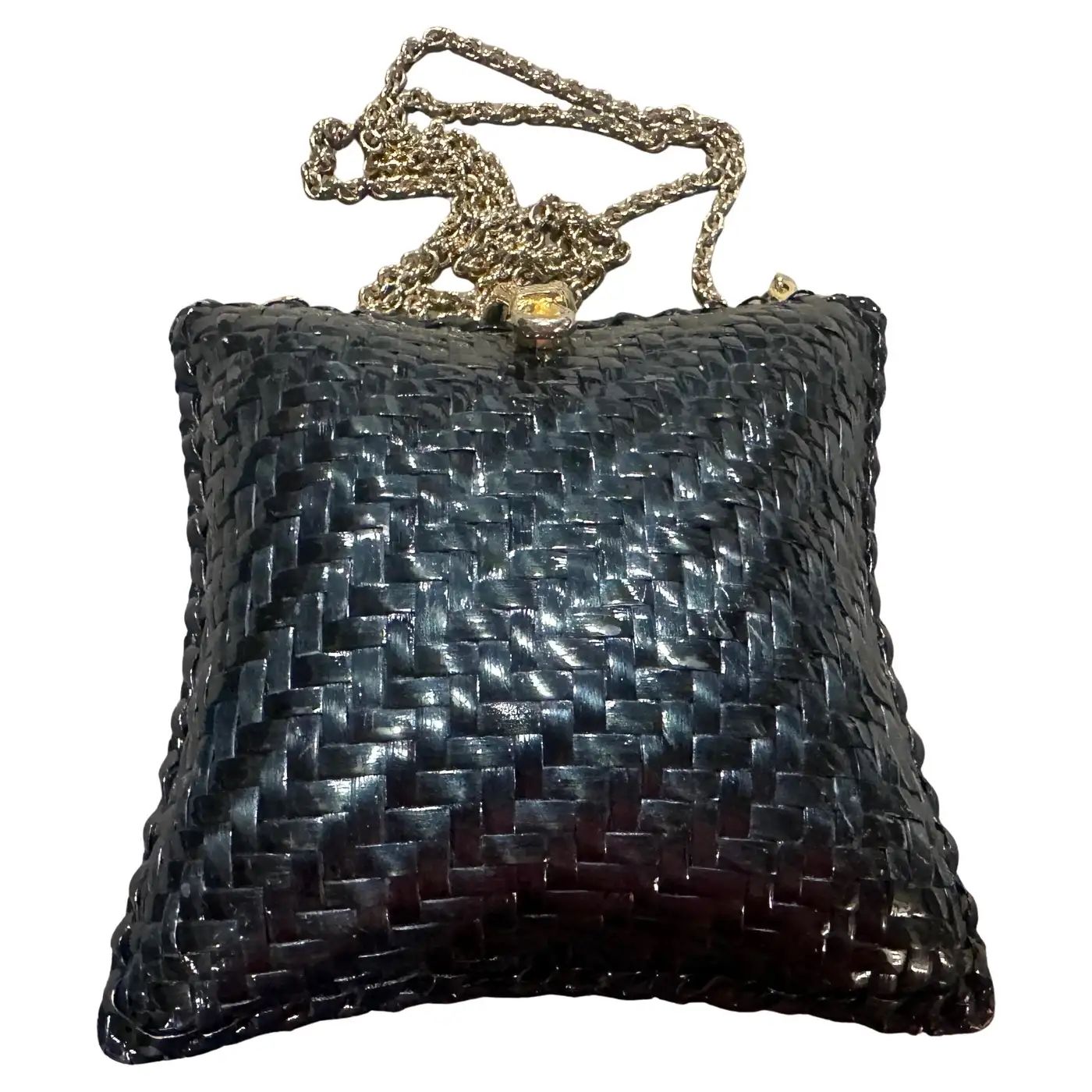 1970s Blue Wicker and Brass Square Shoulder Bag by Rodo