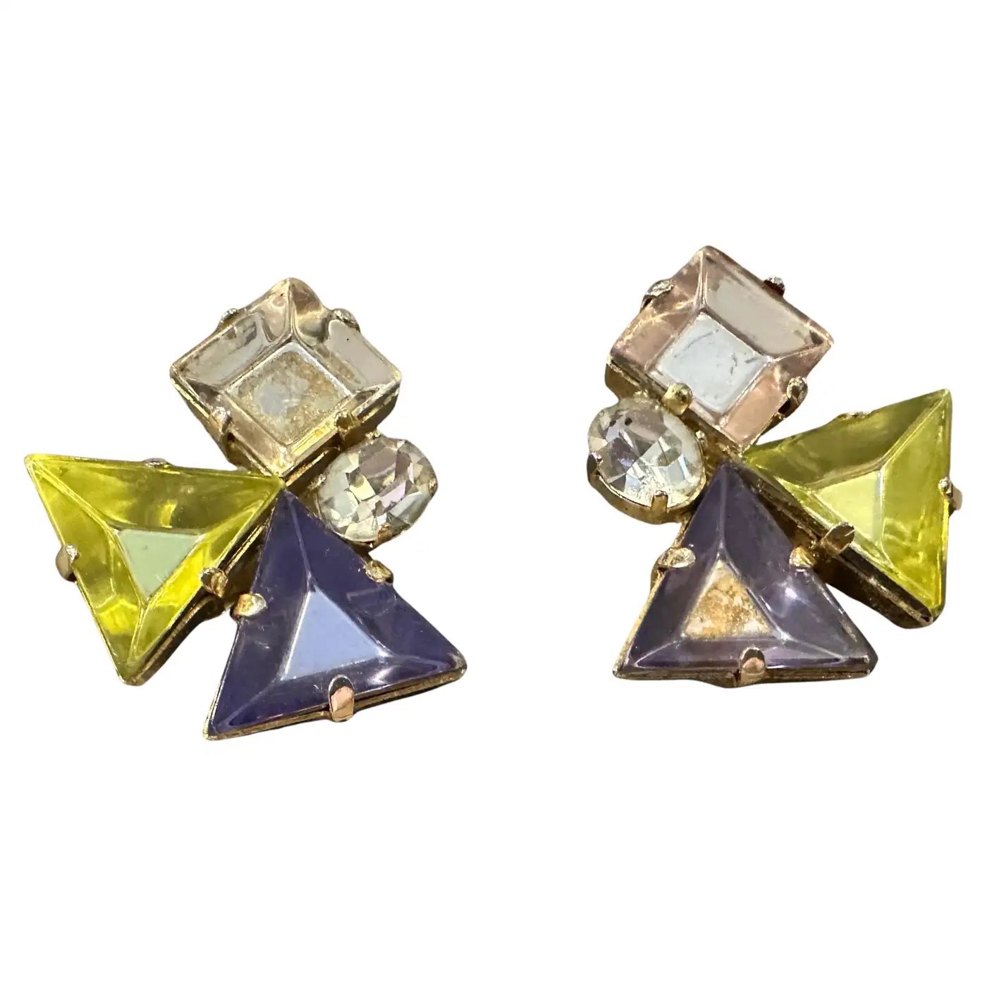 1990s Modern Gilded Brass and Rhinestones Italian Clip on Earrings