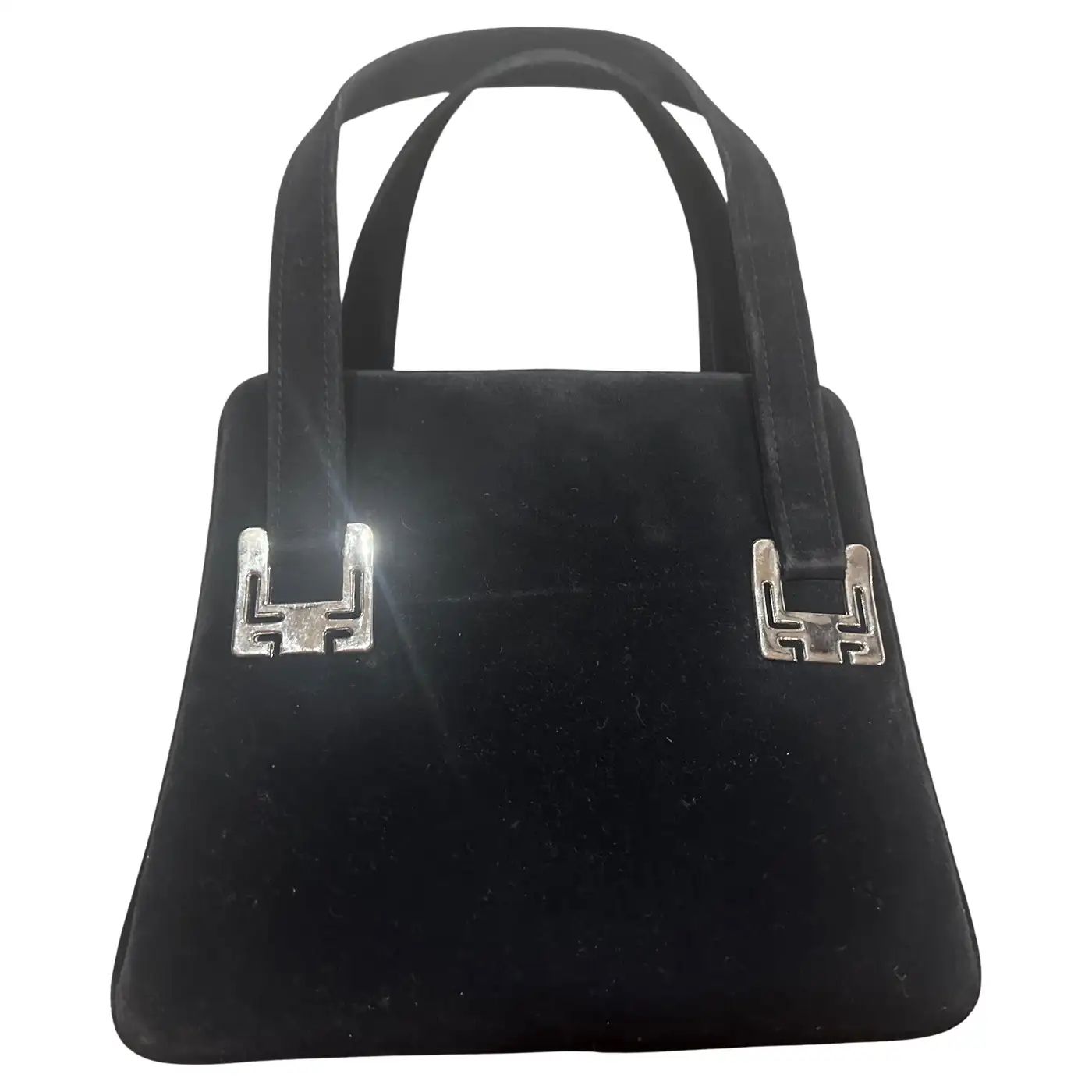 1970s Vintage Black Suede and Silver Plated Metal Italian Evening Bag