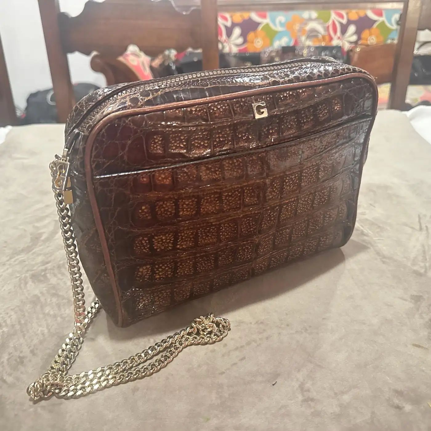 1980s High Quality Embossed Brown Leather and Brass Shoulder Bag by Gherardini