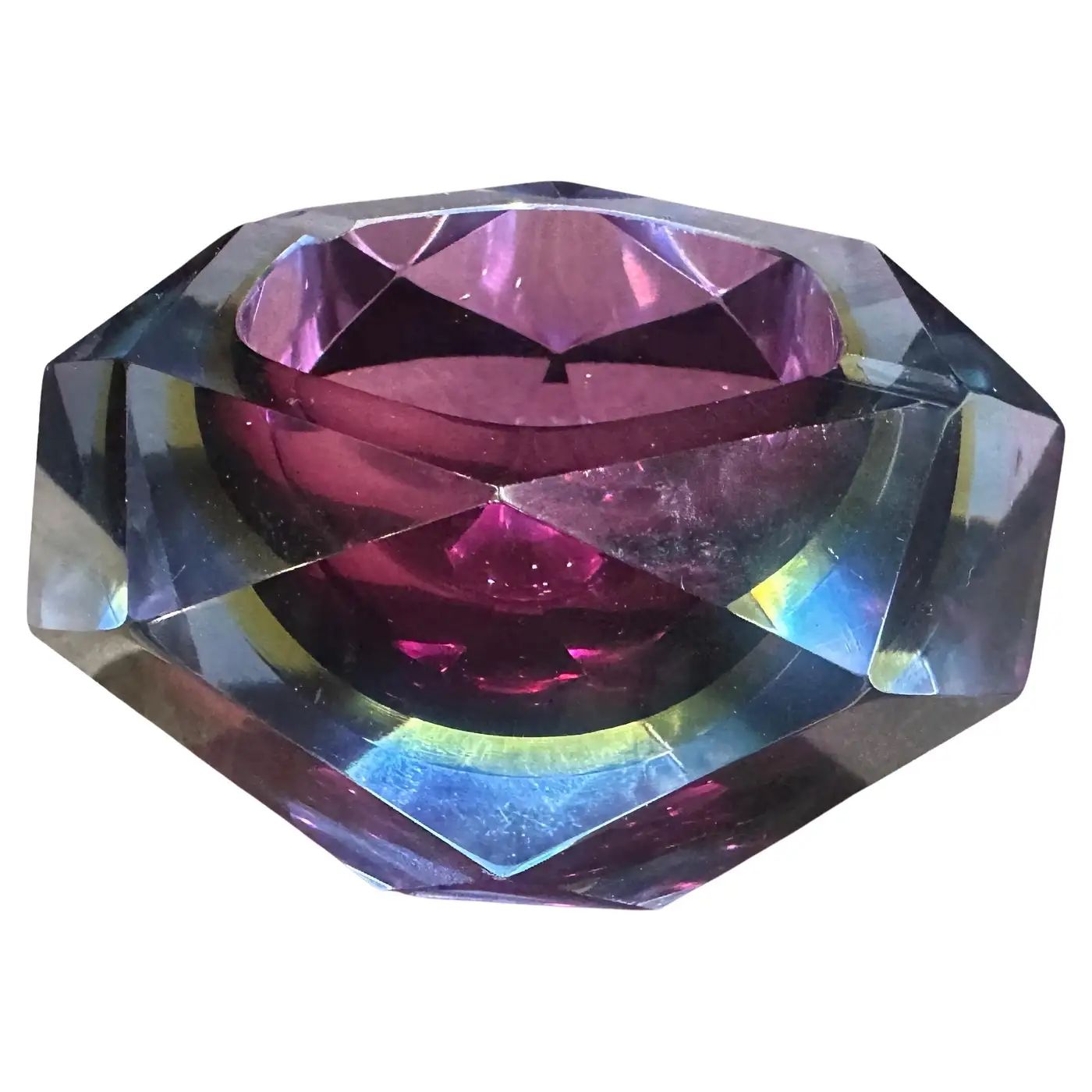 1970s Modern Purple Blue and Yellow Faceted Murano Glass Ashtray by Seguso