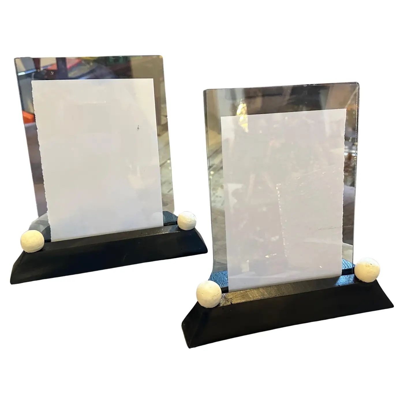 Two Art Deco Black and White Lacquered Wood and Glass French Picture Frames