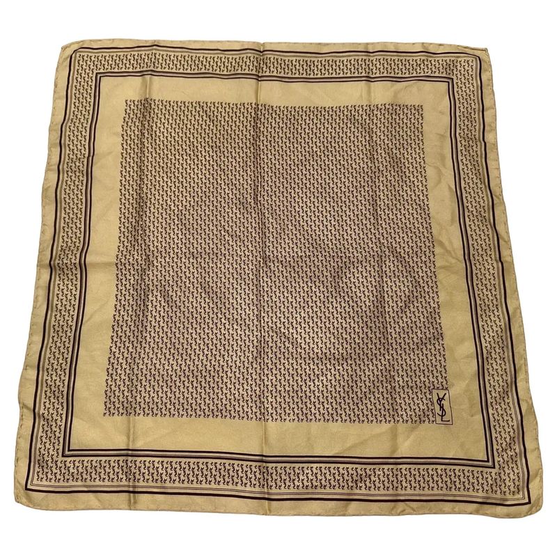 A 1980s Yves Saint Laurent Brown and Beige Logo Small Silk Scarf