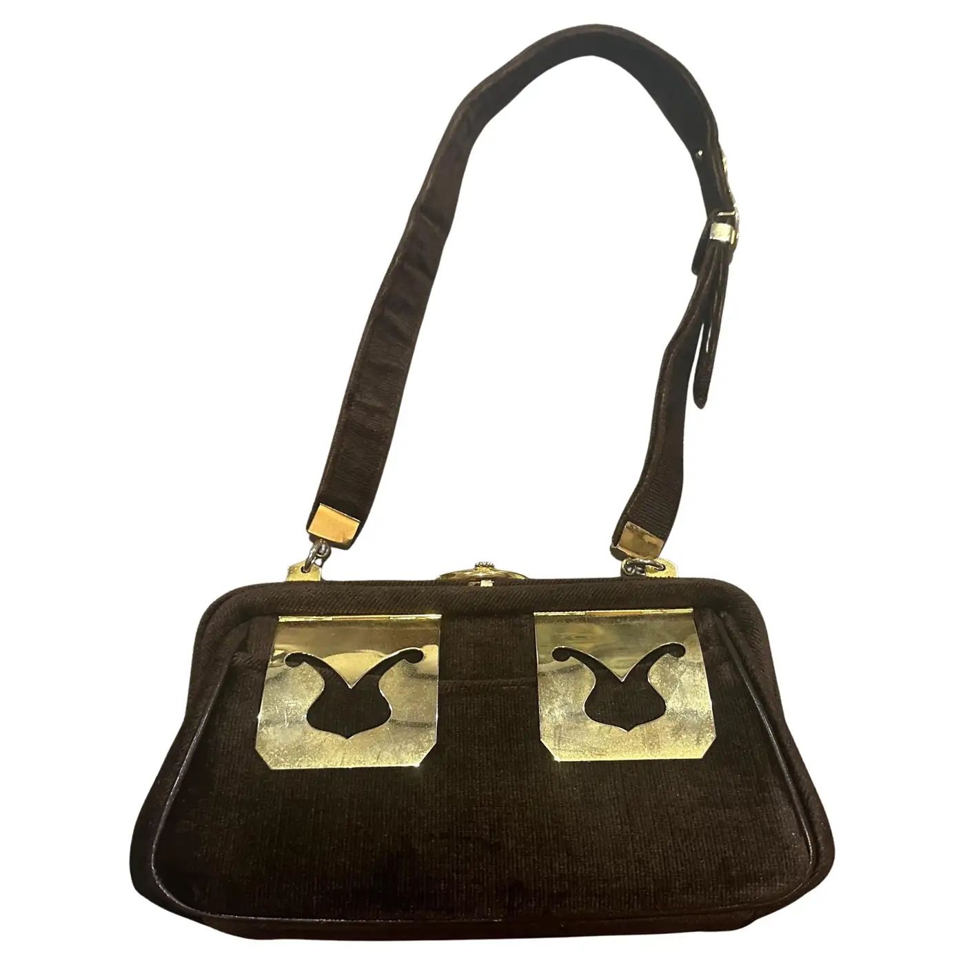 1980s Amazing Brown Velvet and Brass Hardware Italian Evening Bag