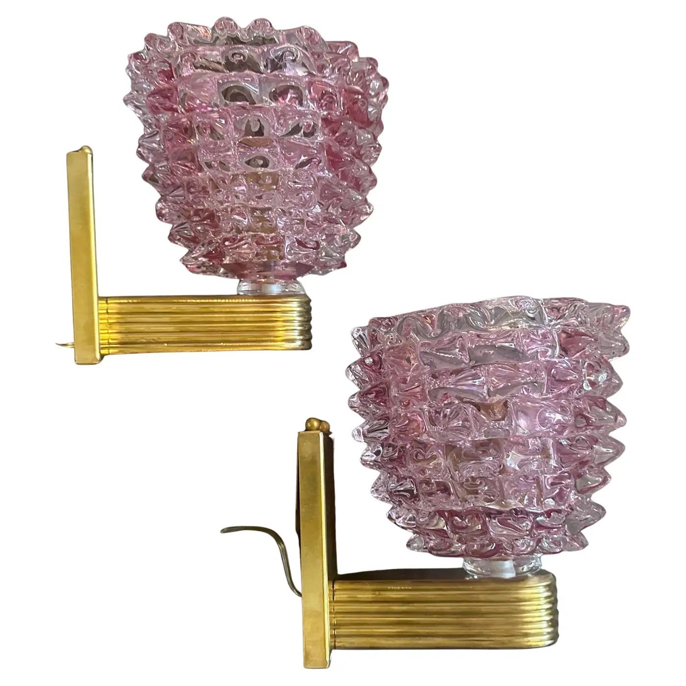 Two 1990s Barovier Style Art Deco Rostrato Pink Murano Glass Wall Sconces Two 1990s Barovier Style Art Deco Rostrato Pink Murano Glass Wall Sconces
