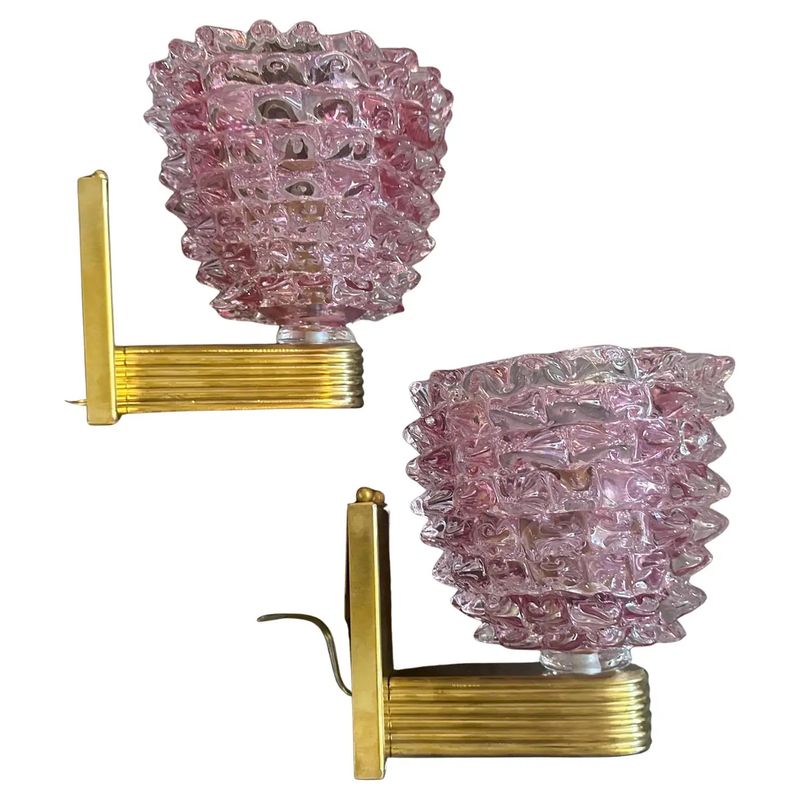 Two 1990s Barovier Style Art Deco Rostrato Pink Murano Glass Wall Sconces