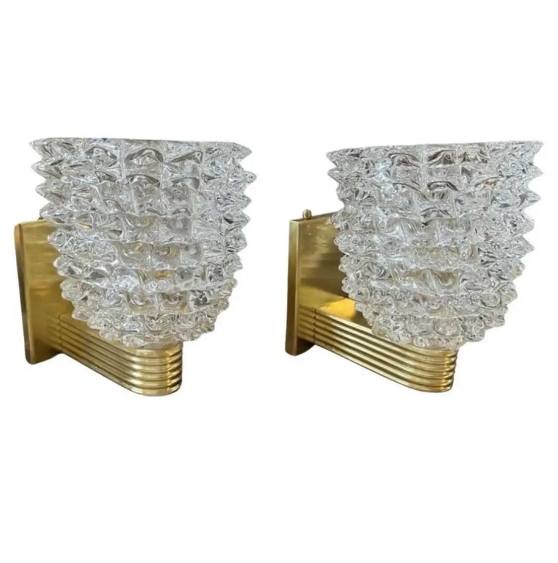 Two 1990 Barovier Style Mid-Century Modern Brass and Rostrato Glass Wall Sconces Two 1990 Barovier Style Mid-Century Modern Brass and Rostrato Glass Wall Sconces