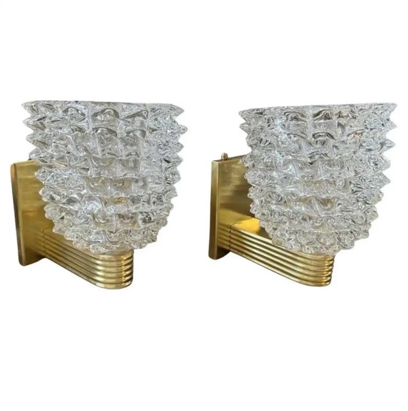 Two 1990 Barovier Style Mid-Century Modern Brass and Rostrato Glass Wall Sconces