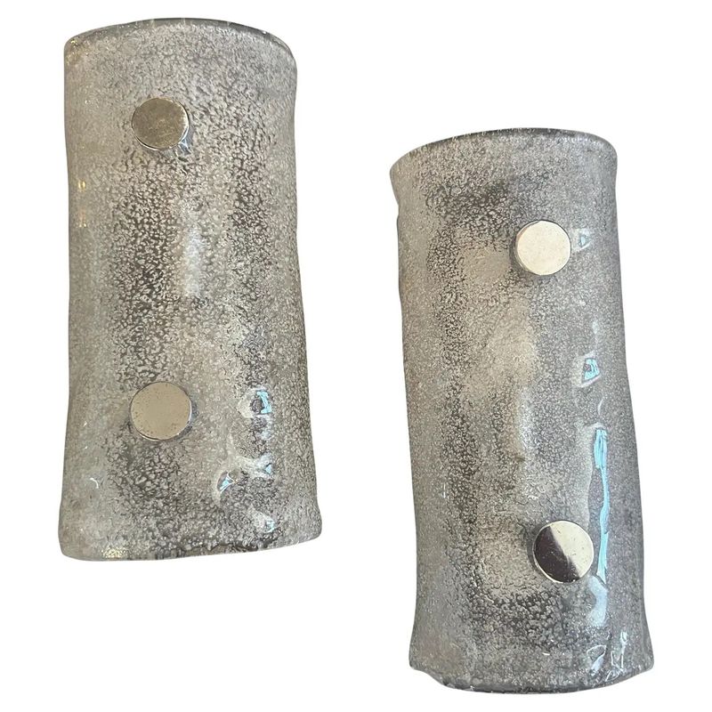Two 1970s Space Age White Pulegoso Murano Glass and Steel Italian Wall Sconces
