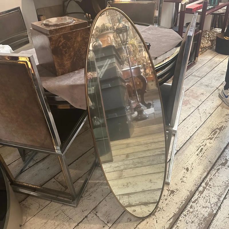 1950s Gio Ponti Style Mid-Century Modern Brass Italian Long Oval Wall Mirror