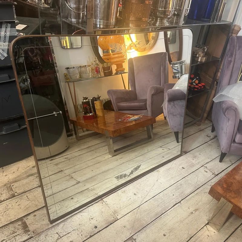 1950s Gio Ponti Style Mid-Century Modern Brass and Etched Glass Big Wall MIrror