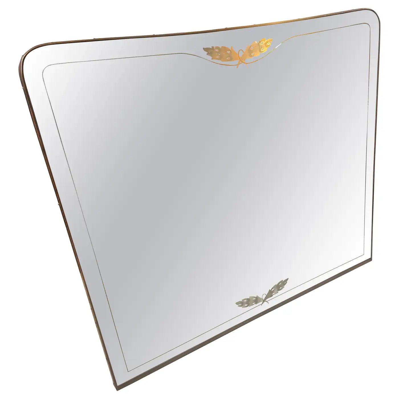 1950s Gio Ponti Style Mid-Century Modern Brass and Etched Glass Big Wall MIrror