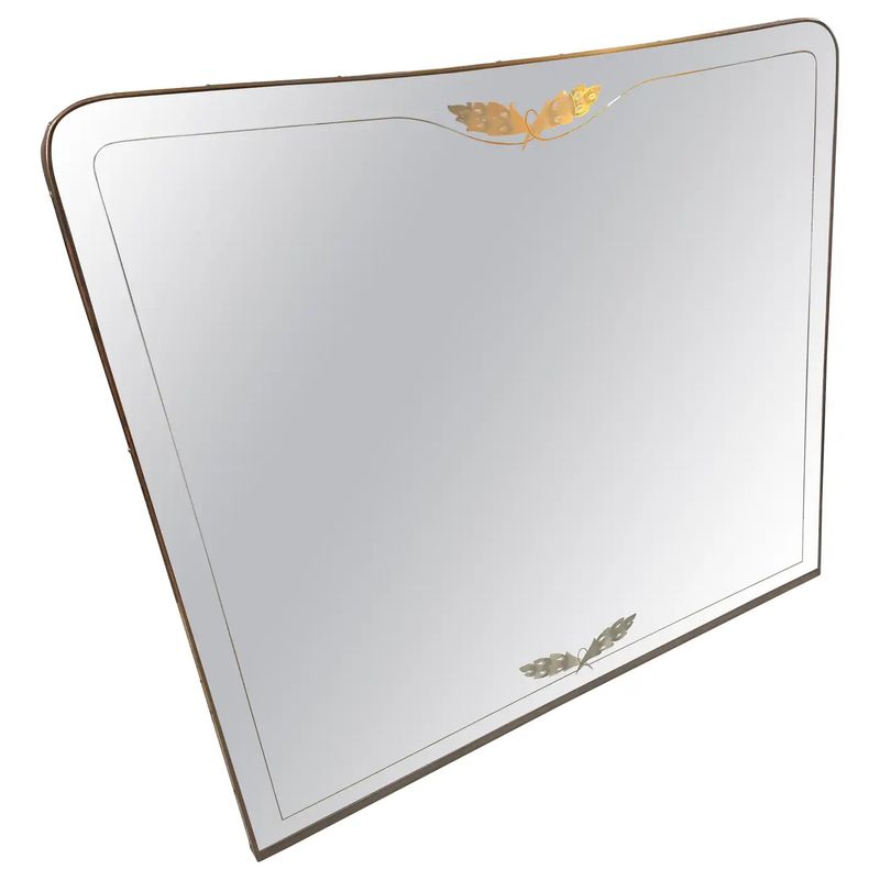 1950s Gio Ponti Style Mid-Century Modern Brass and Etched Glass Big Wall MIrror