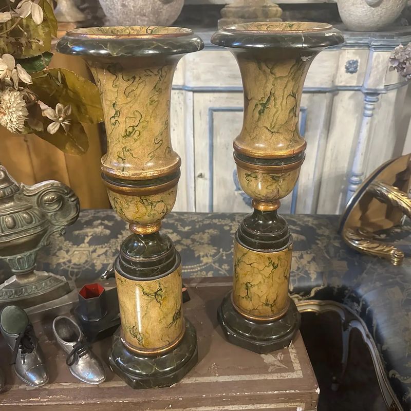 Two Art Deco Faux Marble Lacquered Wood Italian Vases