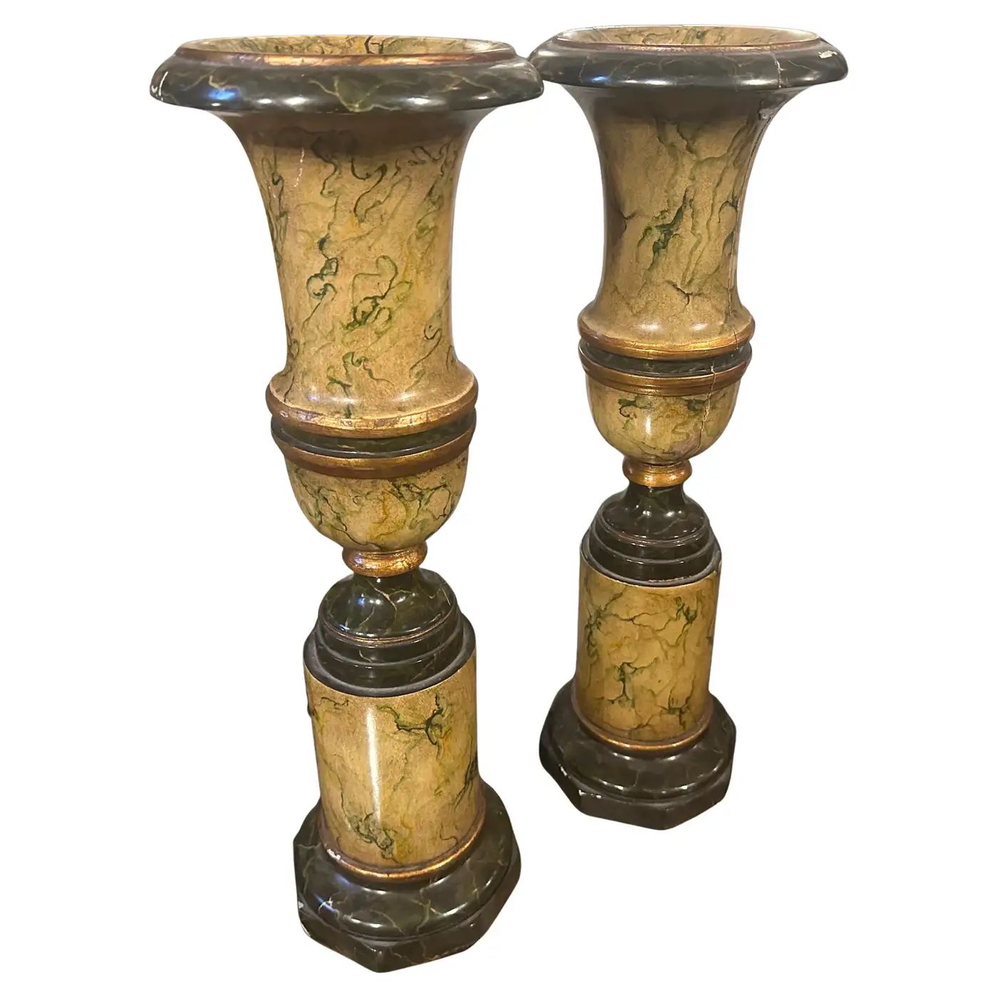Two Art Deco Faux Marble Lacquered Wood Italian Vases
