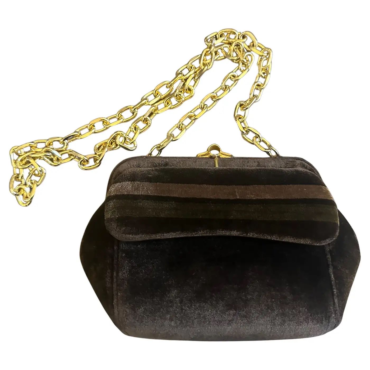 1970s Vintage Brown Velvet and Gilded Metal Italian Crossbody Bag