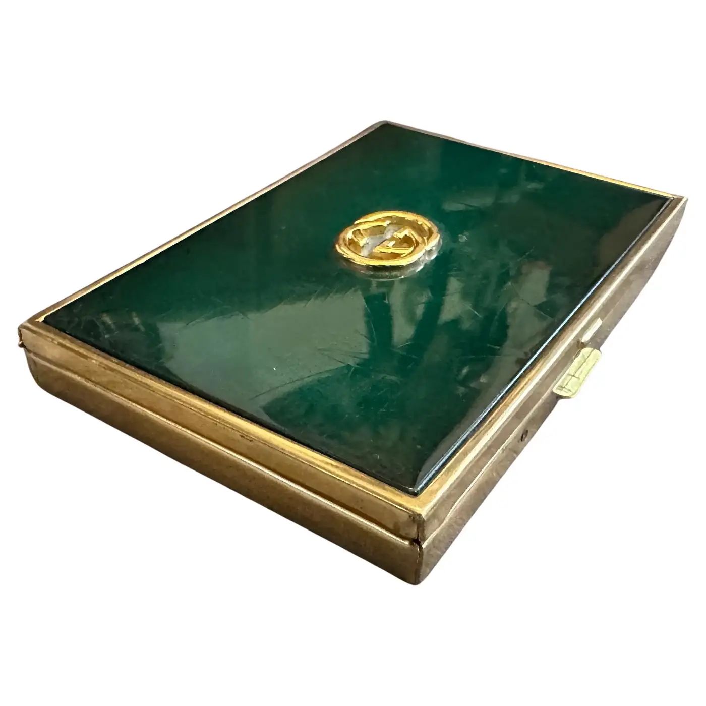 1980s Elegant Brass and Green Enamel Cigarette Box by Gucci