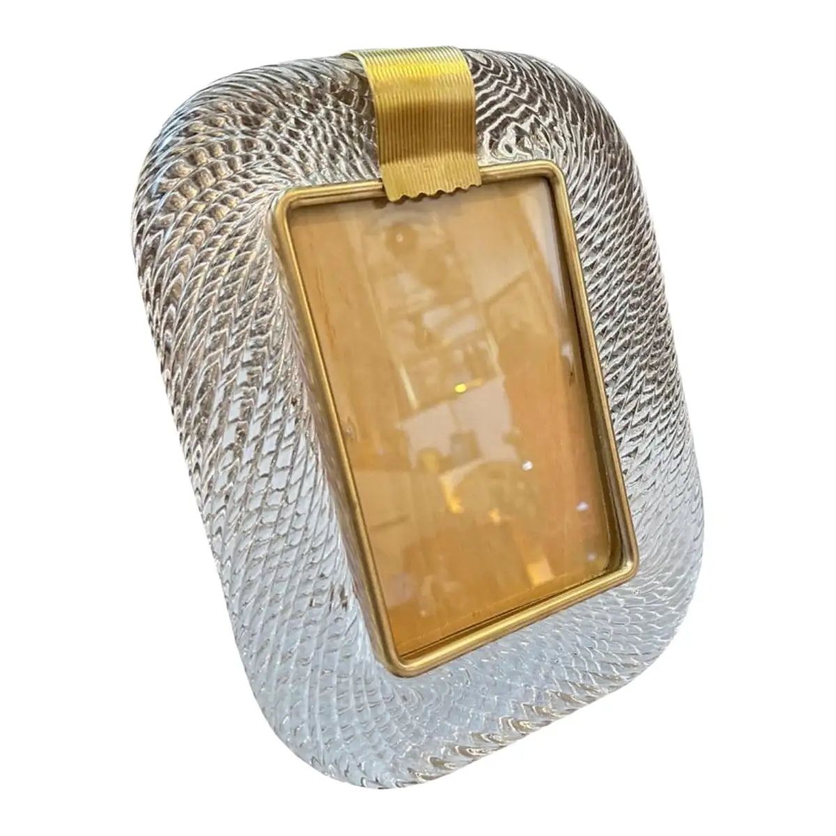 1980s Barovier Style Art Deco Murano Glass and Brass Rectangular Picture Frame