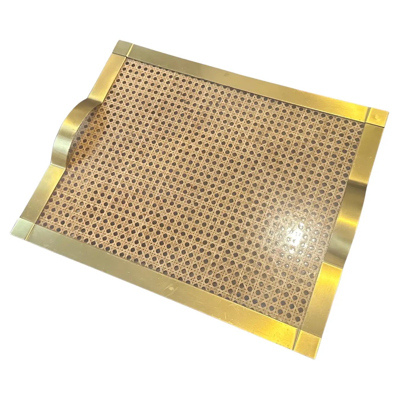 1970s Dior Home Style Mid-Century Modern Brass and Vienna Straw Serving Tray 1970s Dior Home Style Mid-Century Modern Brass and Vienna Straw Serving Tray