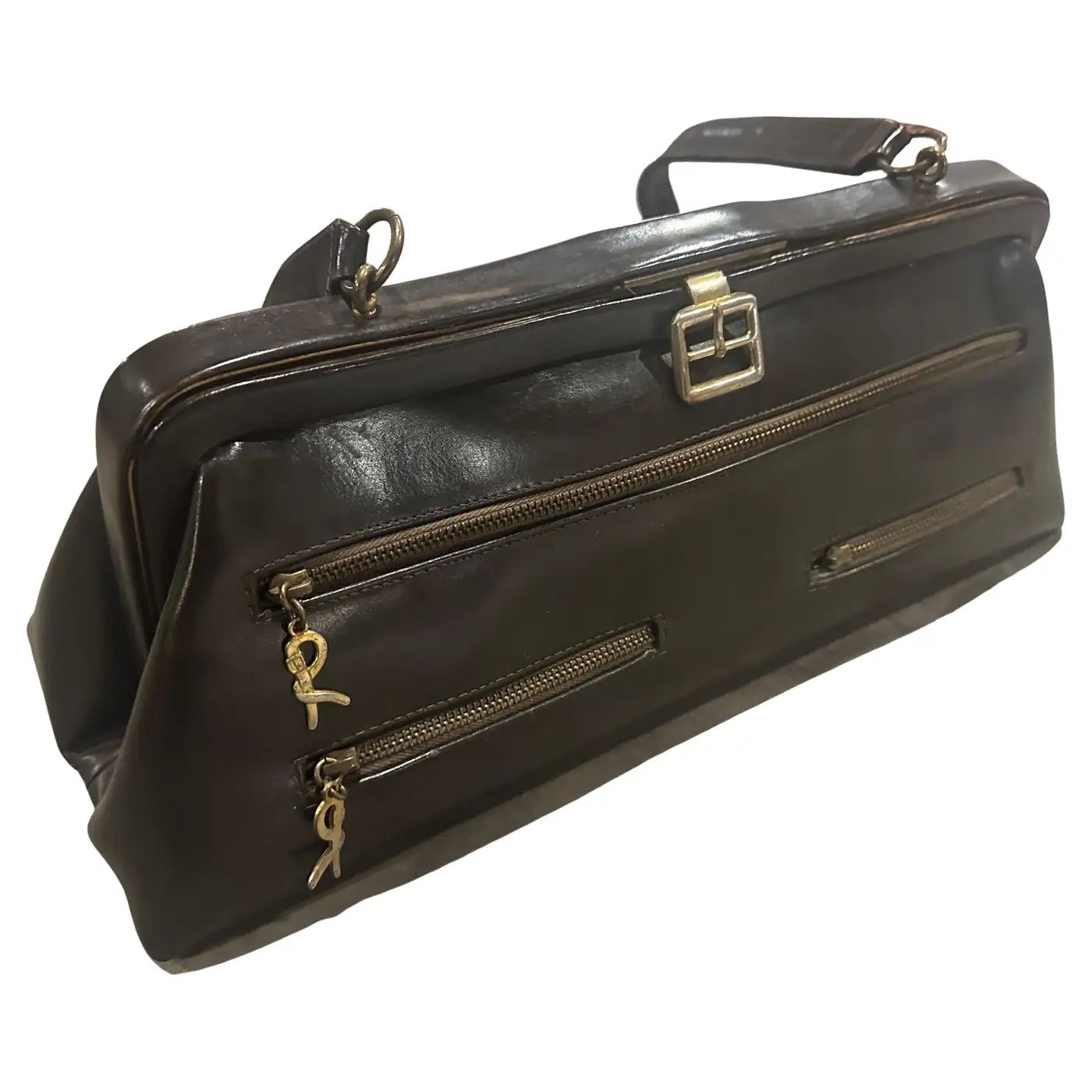 1980s Iconic brown Leather and Brass Hand Bag by Roberta di Camerino