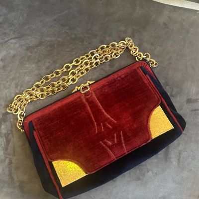 1970s Amazing Blue and Red Velvet and Brass Italian Shoulder Bag