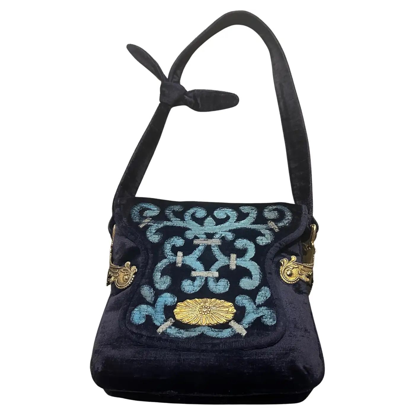 1970s Gorgeous Blue and Turquoise Velvet and Brass Shoulder Bag by Beghé Reation