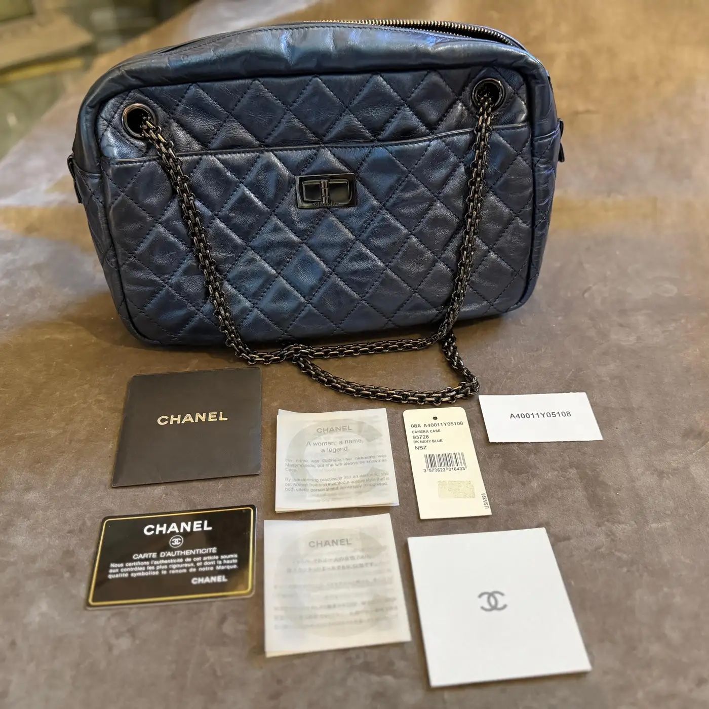 Chanel 2.55 Reissue Blue Metallic Leather and Black Chain Shoulder Bag Chanel 2.55 Reissue Blue Metallic Leather and Black Chain Shoulder Bag