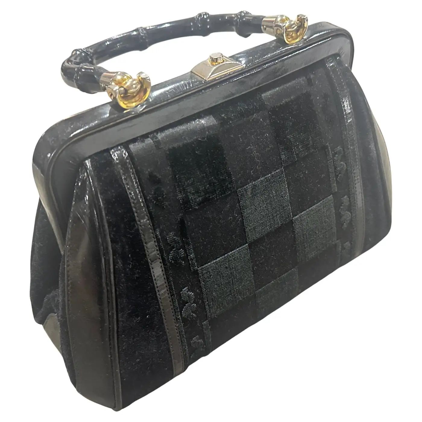 1940s Art Deco Black Leather, Velvet and Bamboo Italian Hand Bag
