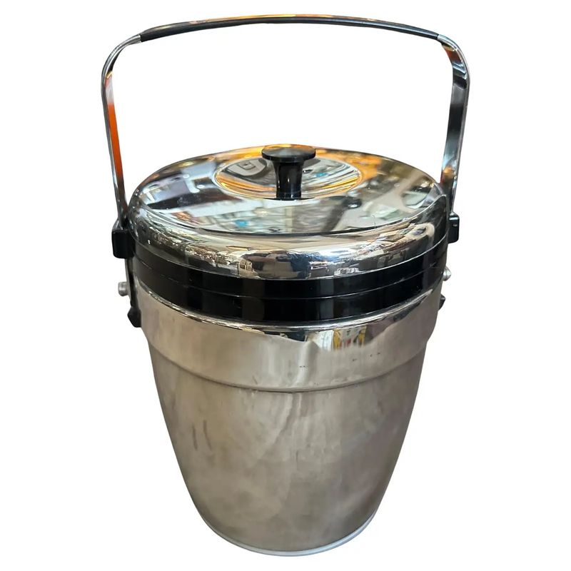 1970s Art Deco Style Chromed Metal and Black Plastic Ice Bucket by Erhard