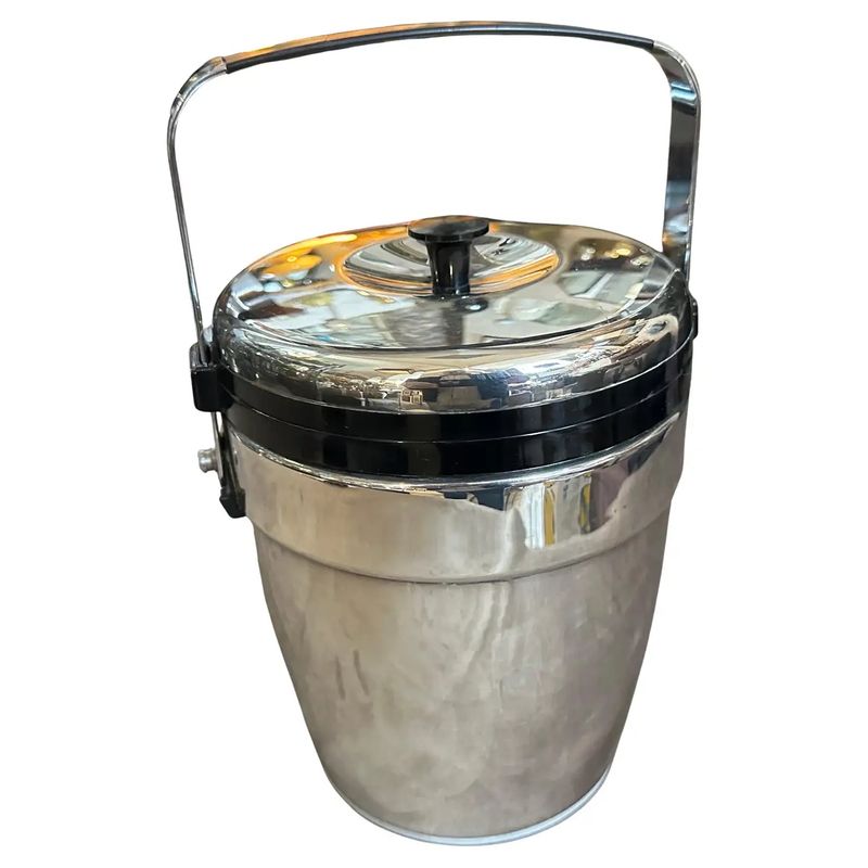 1970s Art Deco Style Chromed Metal and Black Plastic Ice Bucket by Erhard
