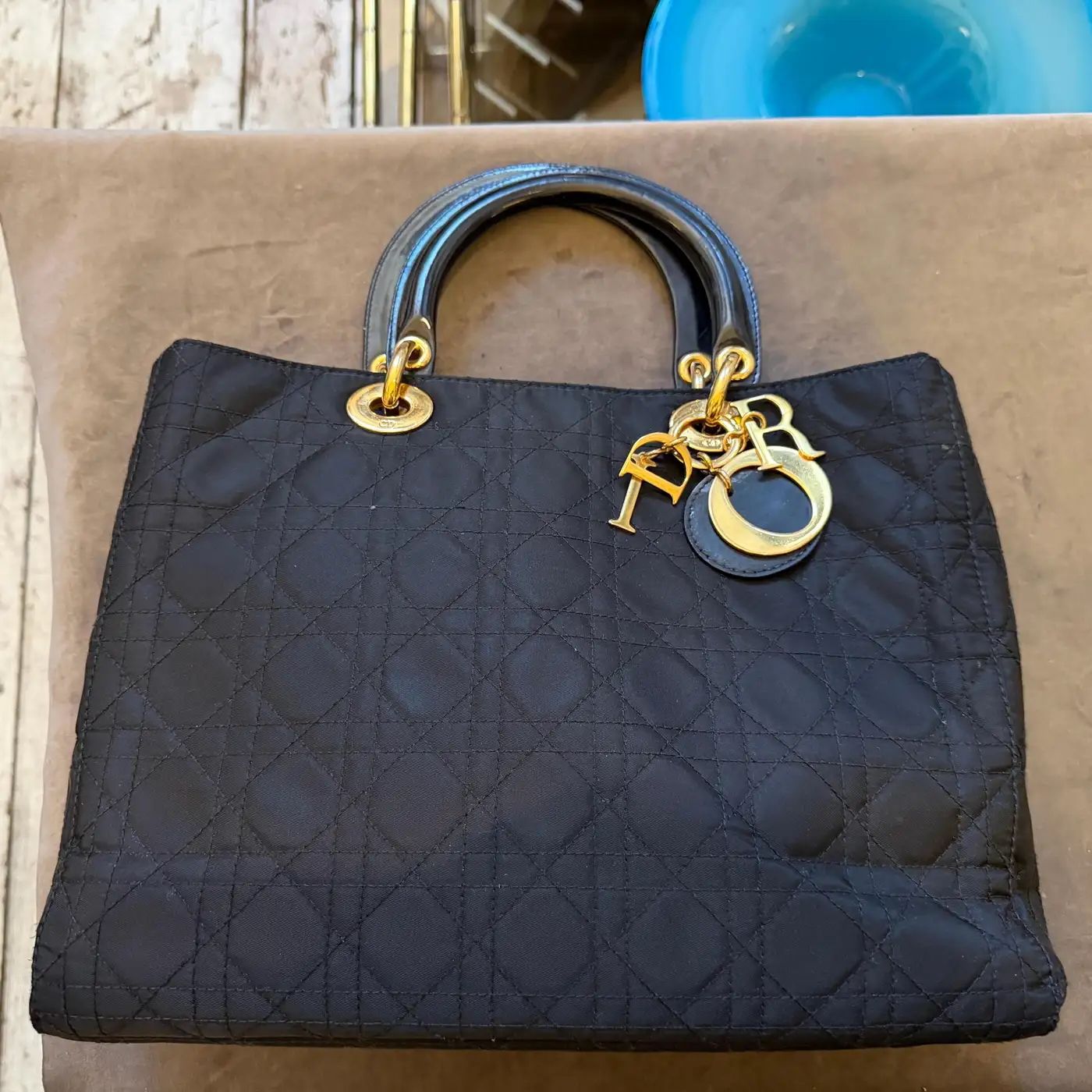 21st Century Black Fabric and Leather Large Lady Dior Bag by Christian Dior