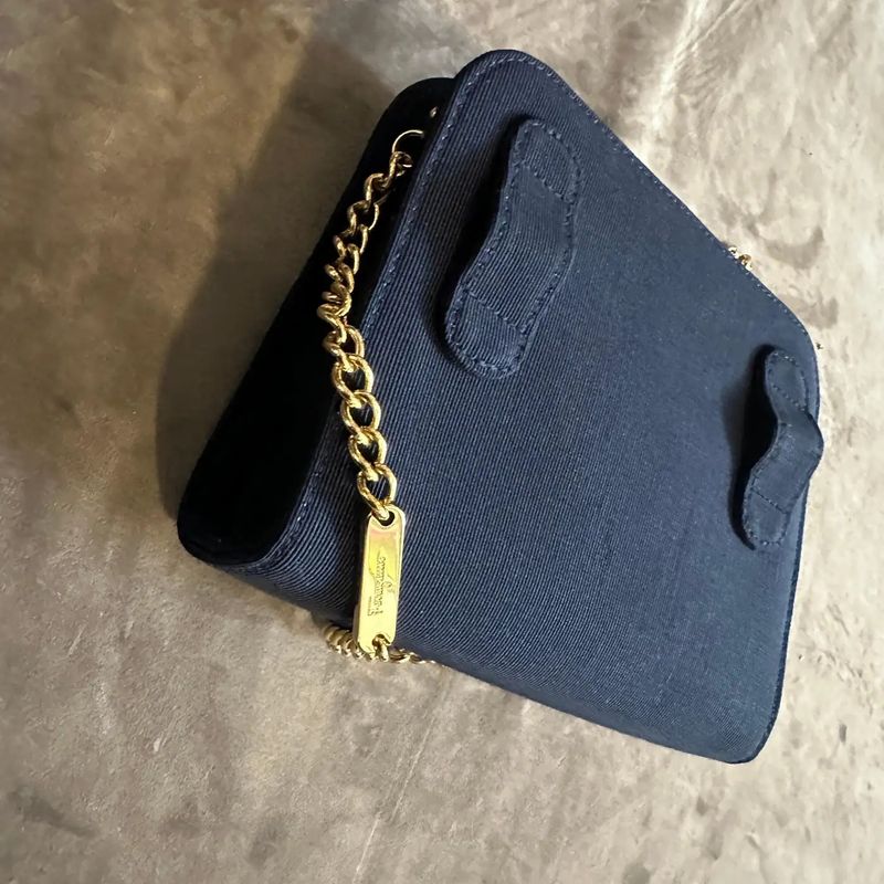 1990s elegant Blue Fabric and Brass Belt Hand Bag by Salvatore Ferragamo