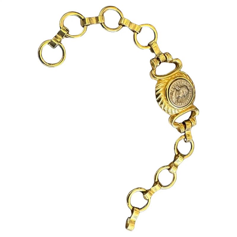 1990s Bulgari Inspired Neo Classical Brass Italian Coin Bracelet