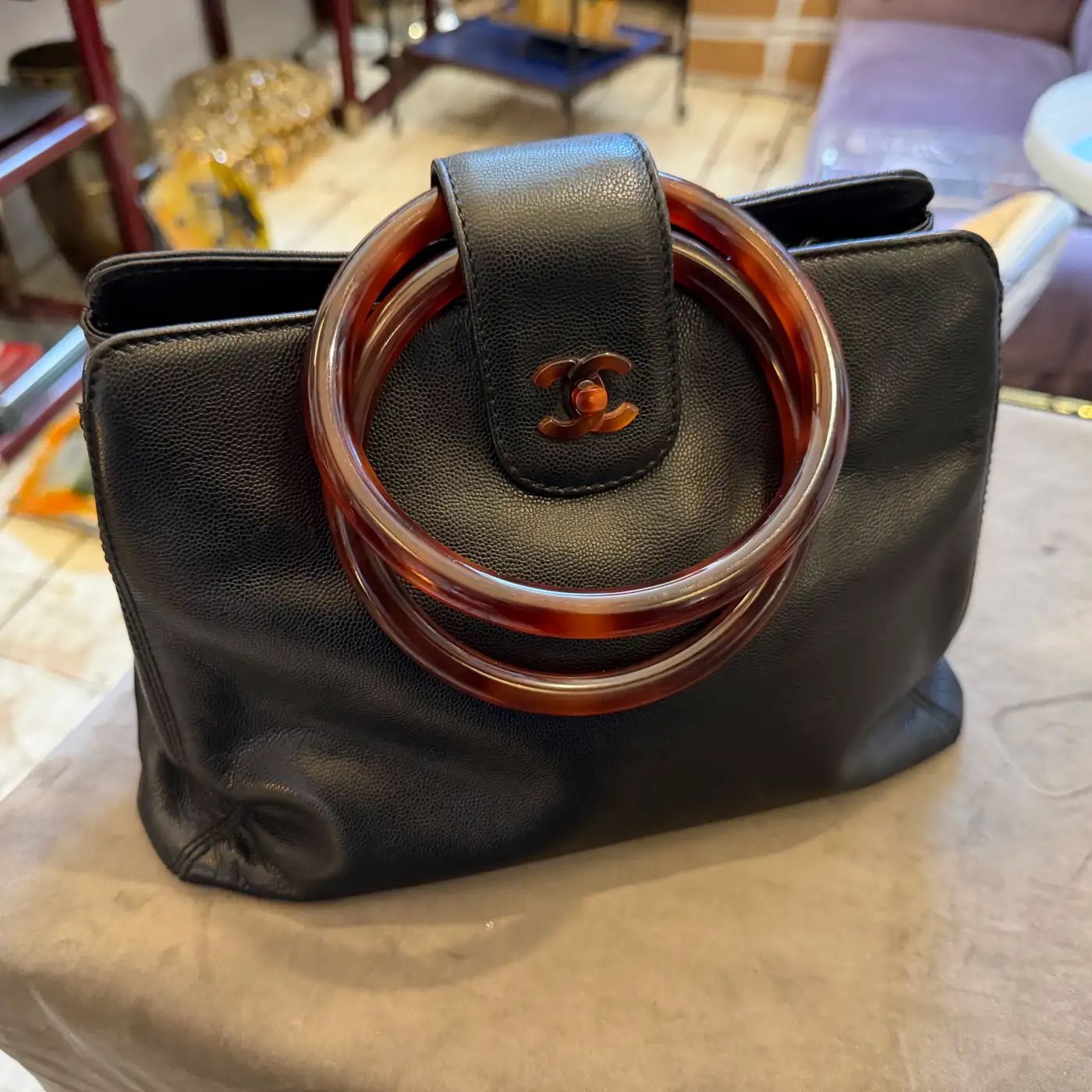A Rare 2000s Black Caviar Leather and Bakelite Top Handle Bag By Chanel