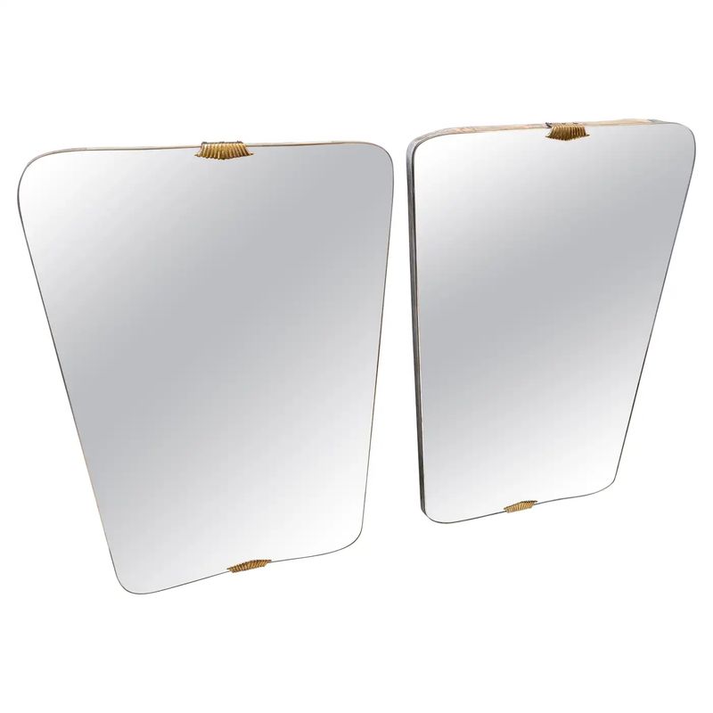 Two 1950s Gio Ponti Style Mid-Century Modern Wood and Brass Wall Mirrors