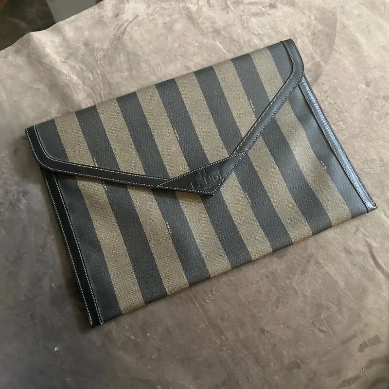1990s Iconic Pequin Striped Canvas Clutch by Karl Lagerfeld for Sorelle Fendi