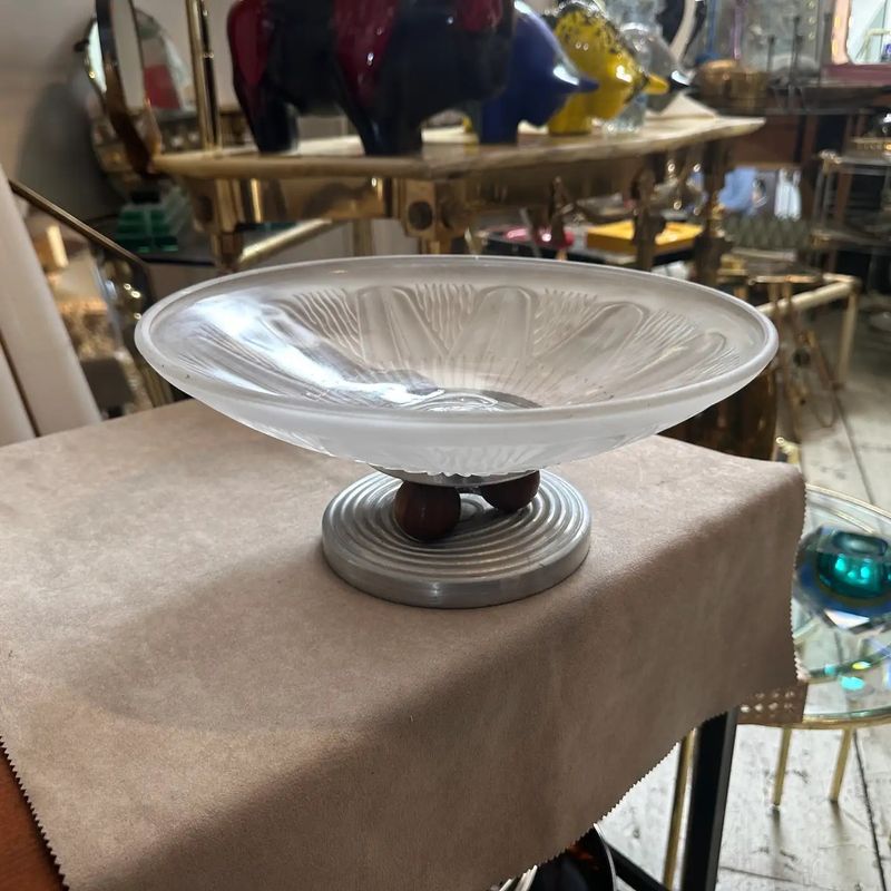 1930s Art Deco Aluminum Wood and Opalescent Glass French Centerpiece
