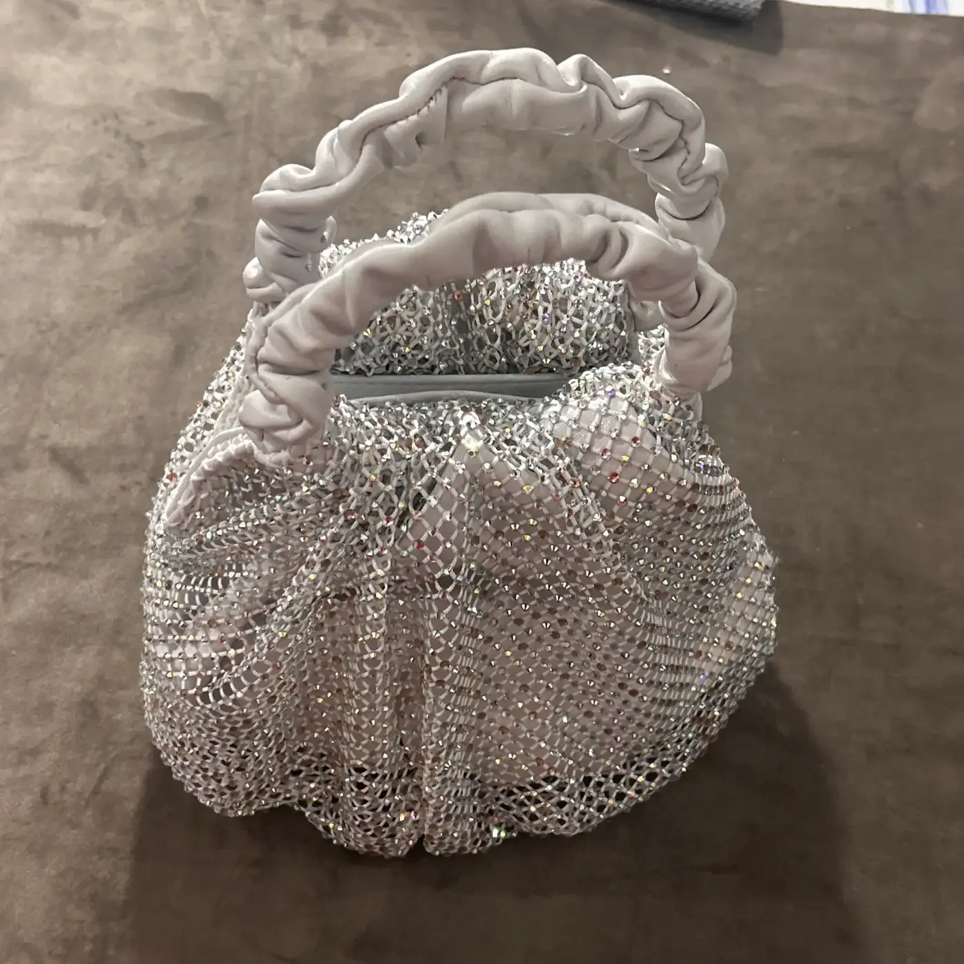 A never used Iridescent Crystal and Ruched White Leather Mesh Bag by Gedebe A never used Iridescent Crystal and Ruched White Leather Mesh Bag by Gedebe