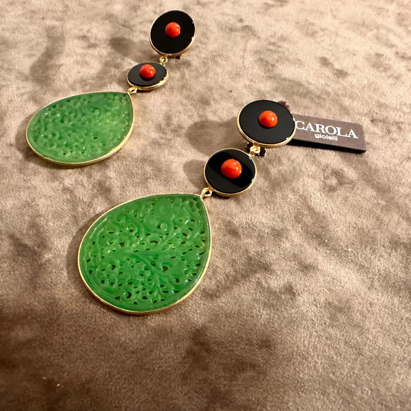 Green Jade Teardrop Earrings with Onyx and Coral Accents by Carola Gioielli