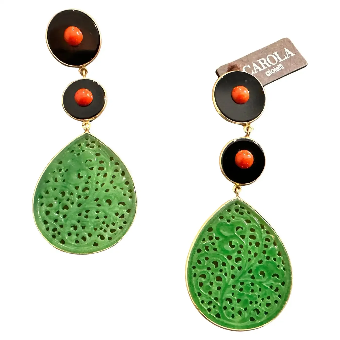 Green Jade Teardrop Earrings with Onyx and Coral Accents by Carola Gioielli Green Jade Teardrop Earrings with Onyx and Coral Accents by Carola Gioielli