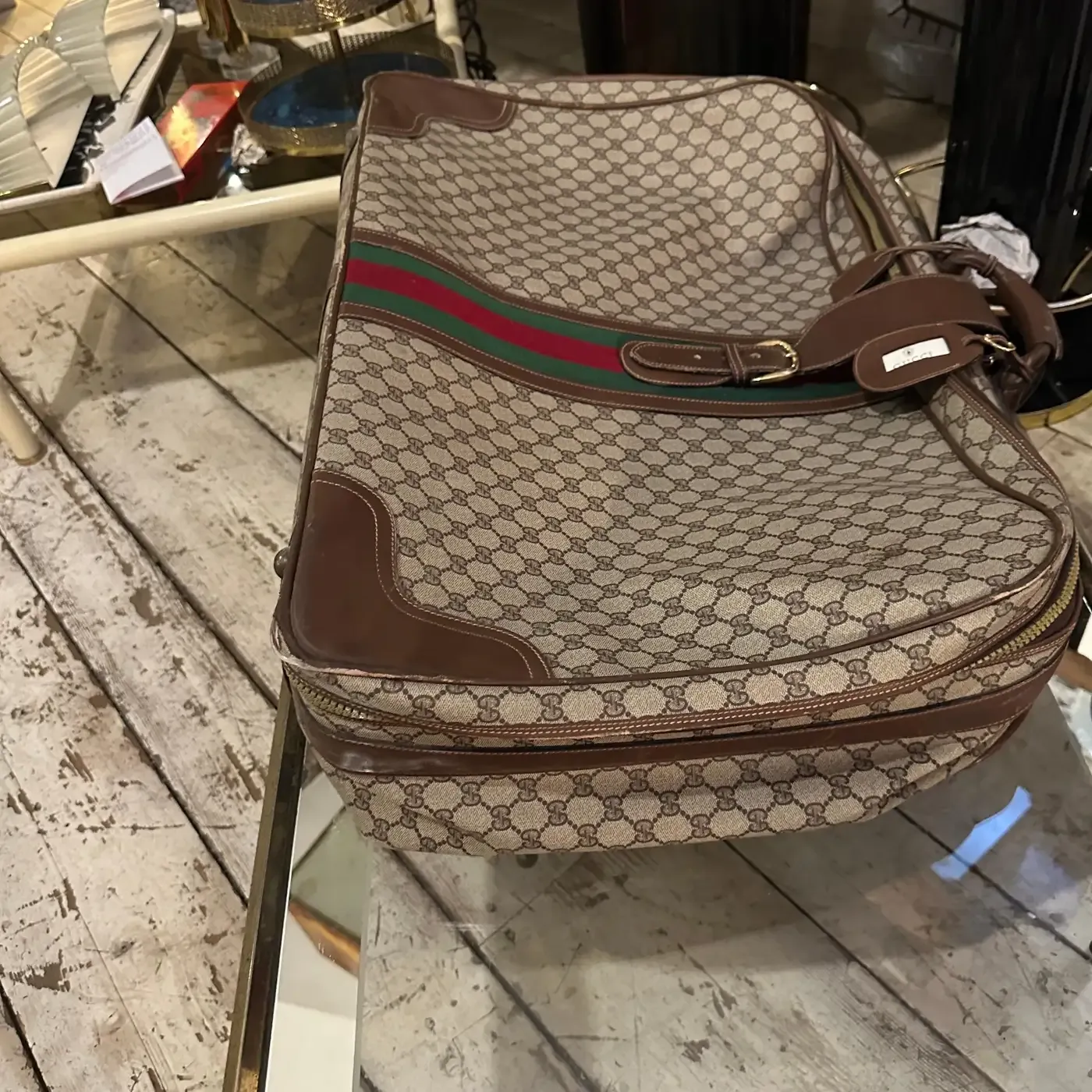 1970s Iconic Beige and Brown Canvas Suitcase by Gucci